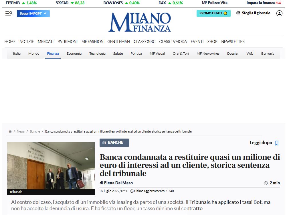 Milano Finanza: sentenza ottenuta da Antonio Amendola e Antonio Pinto, banca deve restituire interessi per €869.000
