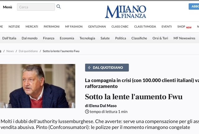 Antonio Pinto intervistato su Milano Finanza del 01.11 e sul Sole 24Ore del 02.11, per commentare la nota di aggiornamento emessa dall'Autorità di Vigilanza lussemburghese il 30.10 sulla vicenda della Compagnia assicurativa FWU