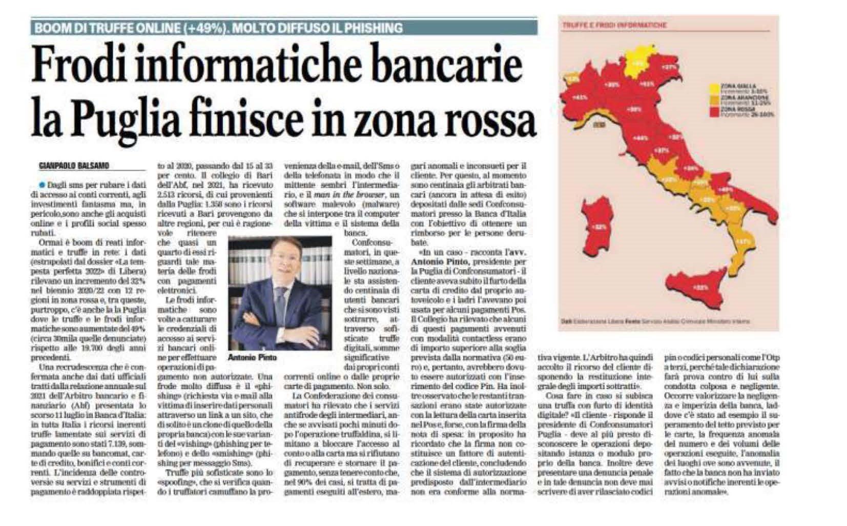 Antonio Pinto intervistato dalla Gazzetta del Mezzogiorno per descrivere come richiedere il risarcimento per frode informatica subìta