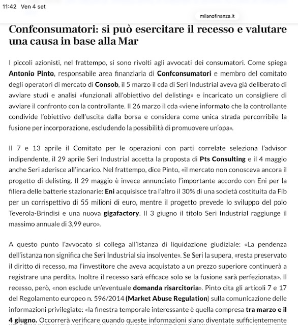 Antonio Pinto intervistato da Milano Finanza con la giornalista Elena Dal Maso, per descrivere la vicenda di Seri Industrial che ha chiesto il delisting da Borsa Italiana.