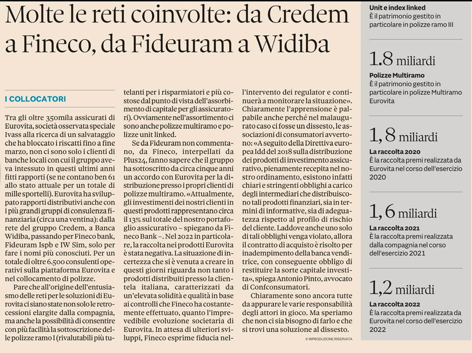 L'intervista del Sole24Ore ad Antonio Pinto sulla vicenda del commissariamento della Compagnia assicurativa Eurovita