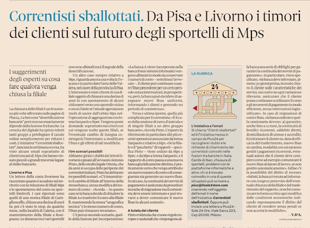 Antonio Pinto intervistato dal Sole 24 Ore, giornalista Vitaliano D’Angerio, per dissipare i timori dei correntisti coinvolti nelle fusioni fra banche